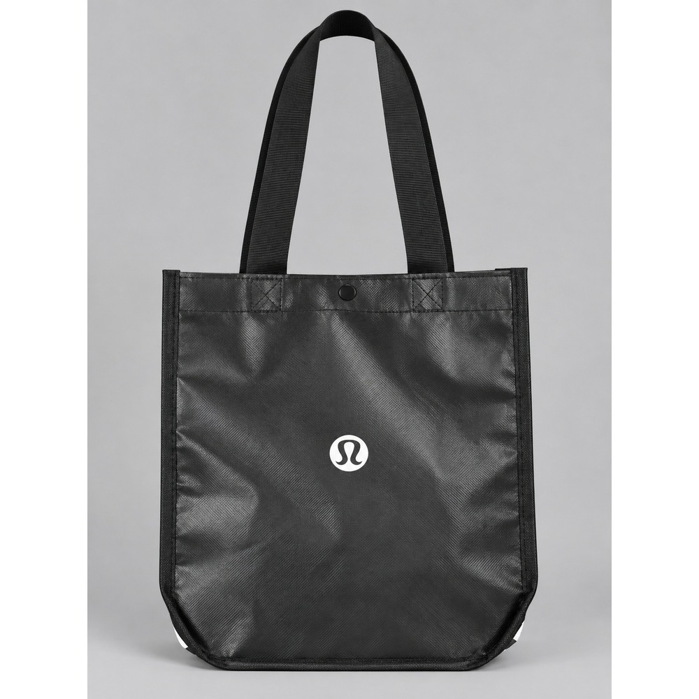 Lululemon Small Reusable Shopping Tote Bag Black White Logo Snap Closure